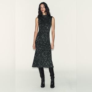 Zara Metallic Thread Jaquard Sleeveless Midi Dress Silver Black A-line 4770/400